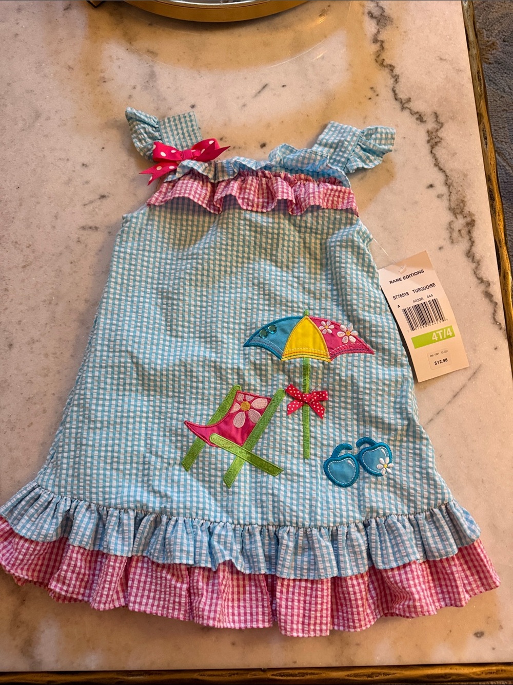 Rare Editions Turquoise Gingham Dress with Beach Appliqué